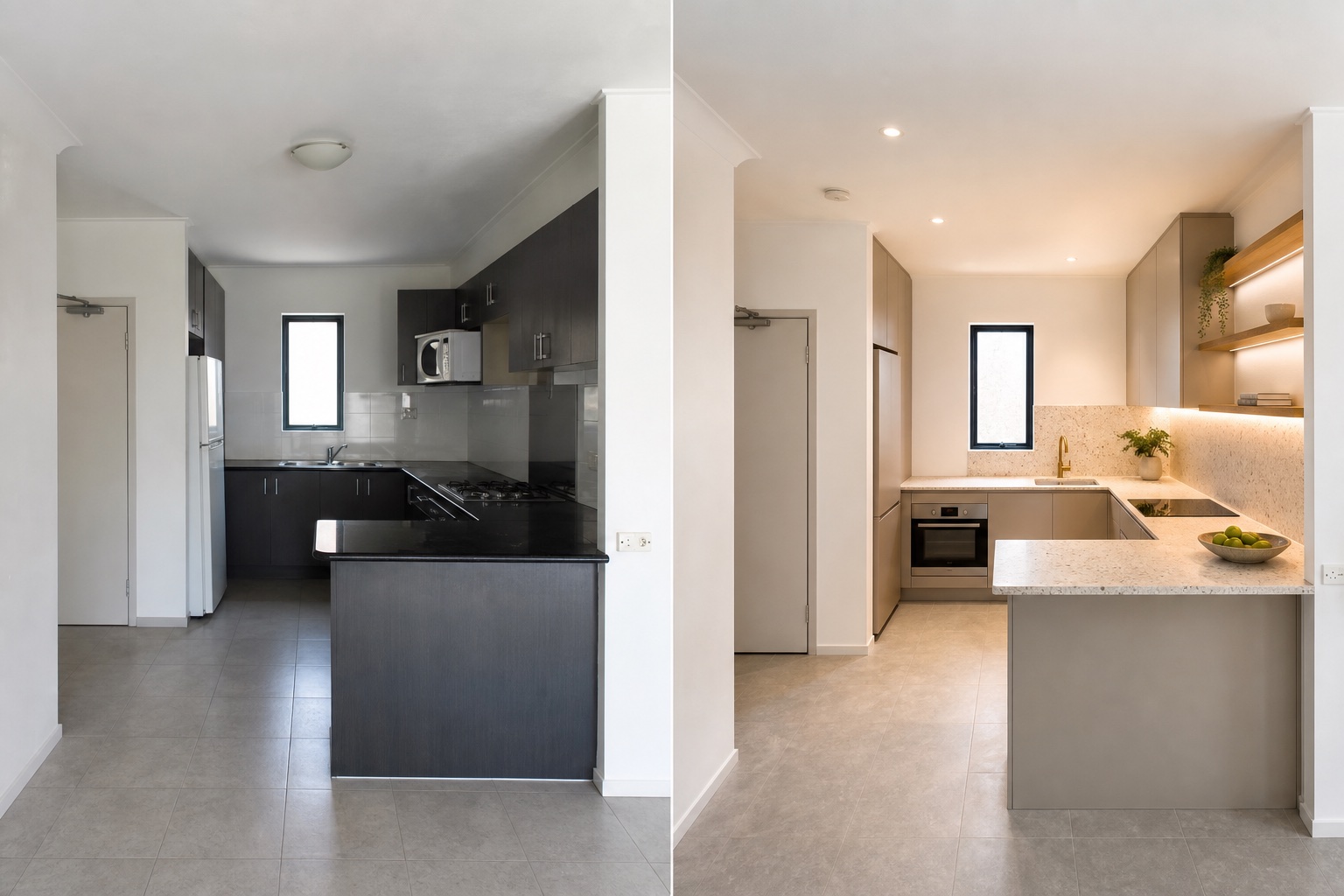 Before-and-after concept for a compact apartment kitchen, changing dark laminate cabinetry into warm taupe joinery