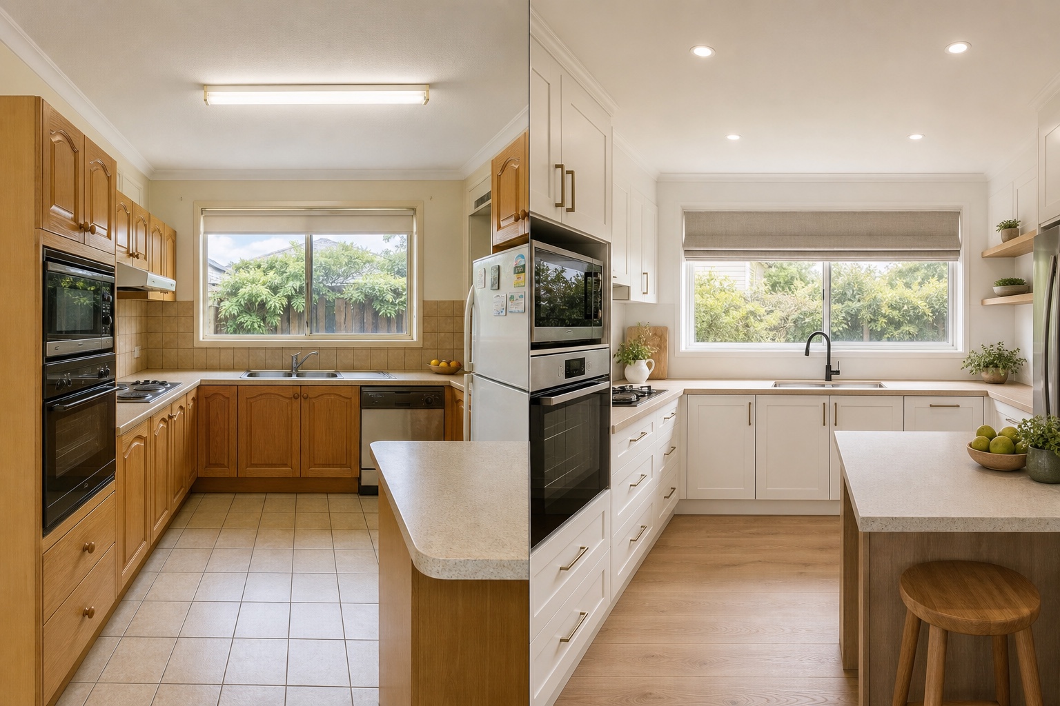 Before-and-after concept for a coastal cottage kitchen, changing knotty pine and blue laminate into a light contemporary space