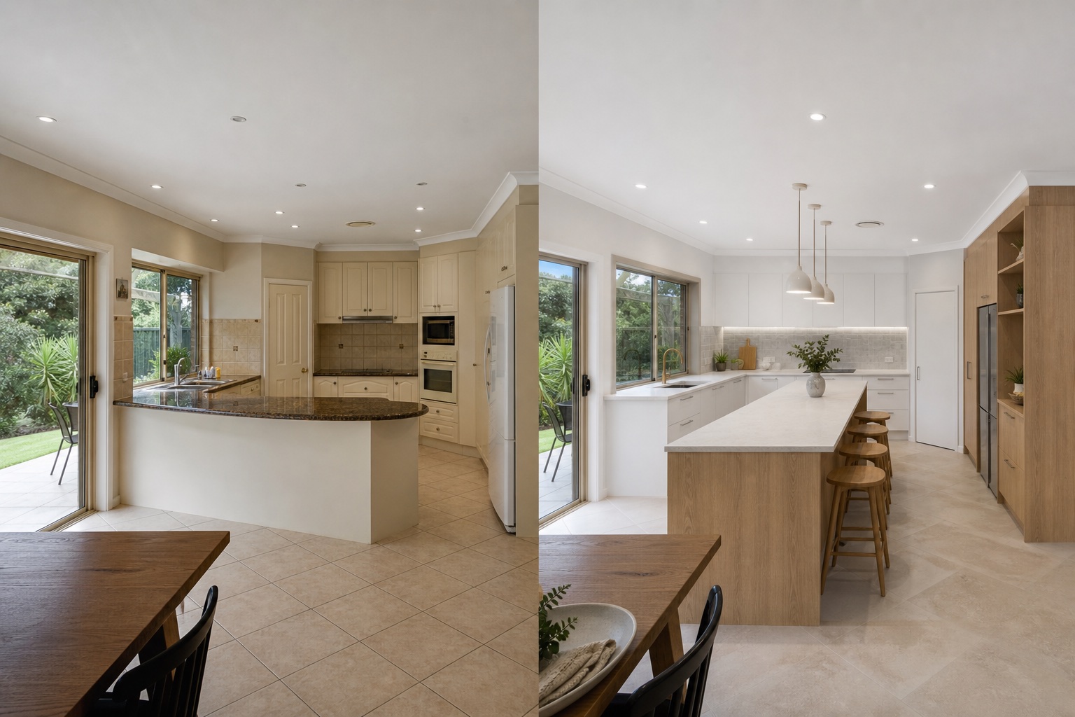 Before-and-after concept for a large family kitchen, replacing a curved peninsula with a long timber island