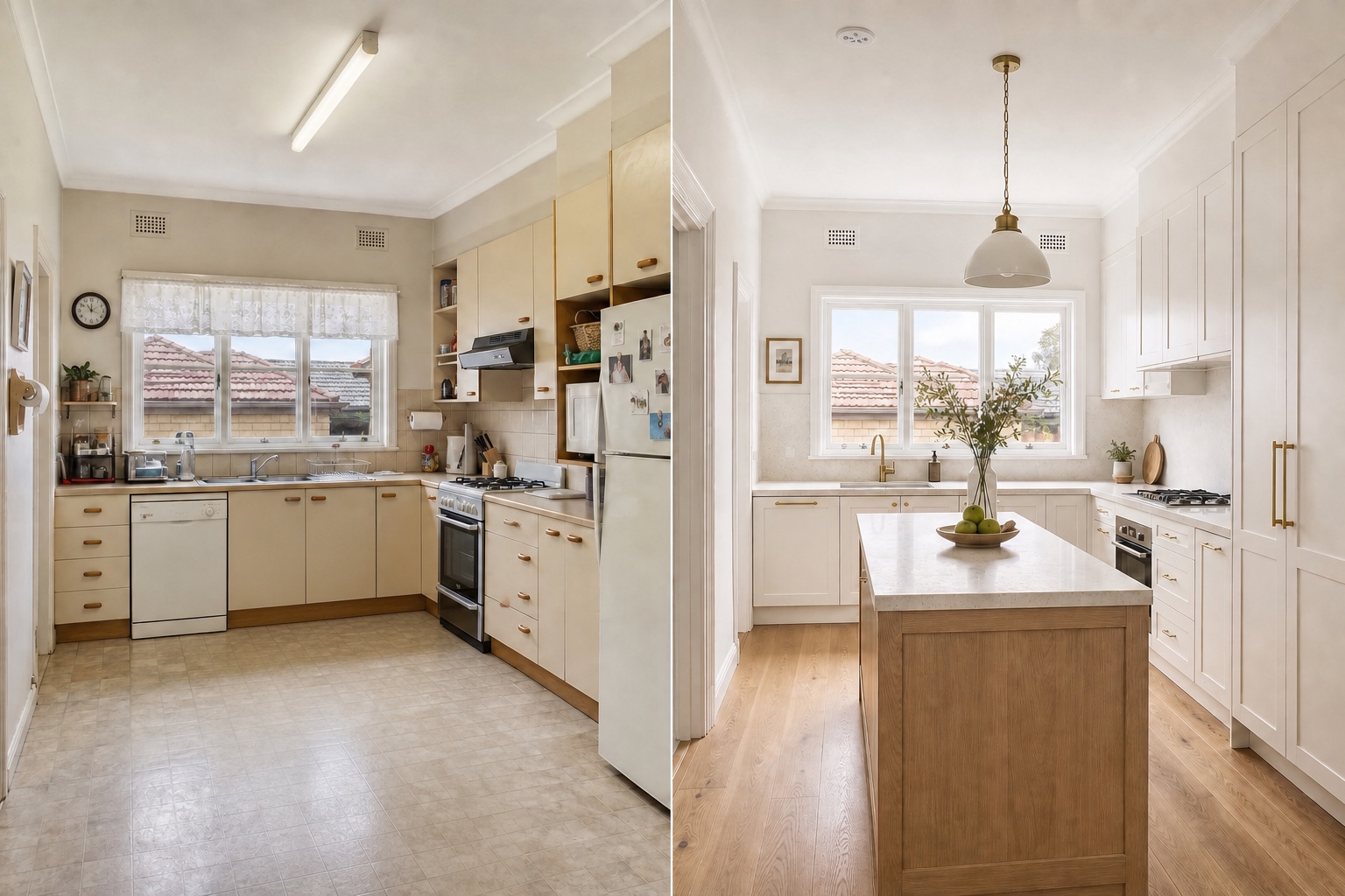 Before-and-after concept for a Federation-home kitchen, changing dated cream cabinetry into a warm white and oak kitchen