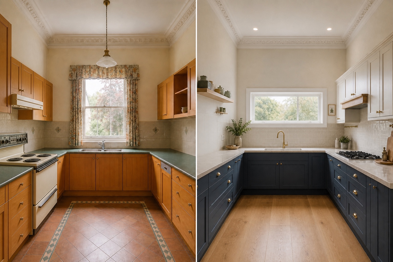 Before-and-after concept for a heritage cottage kitchen, changing orange timber cabinetry into blue-grey and warm white joinery