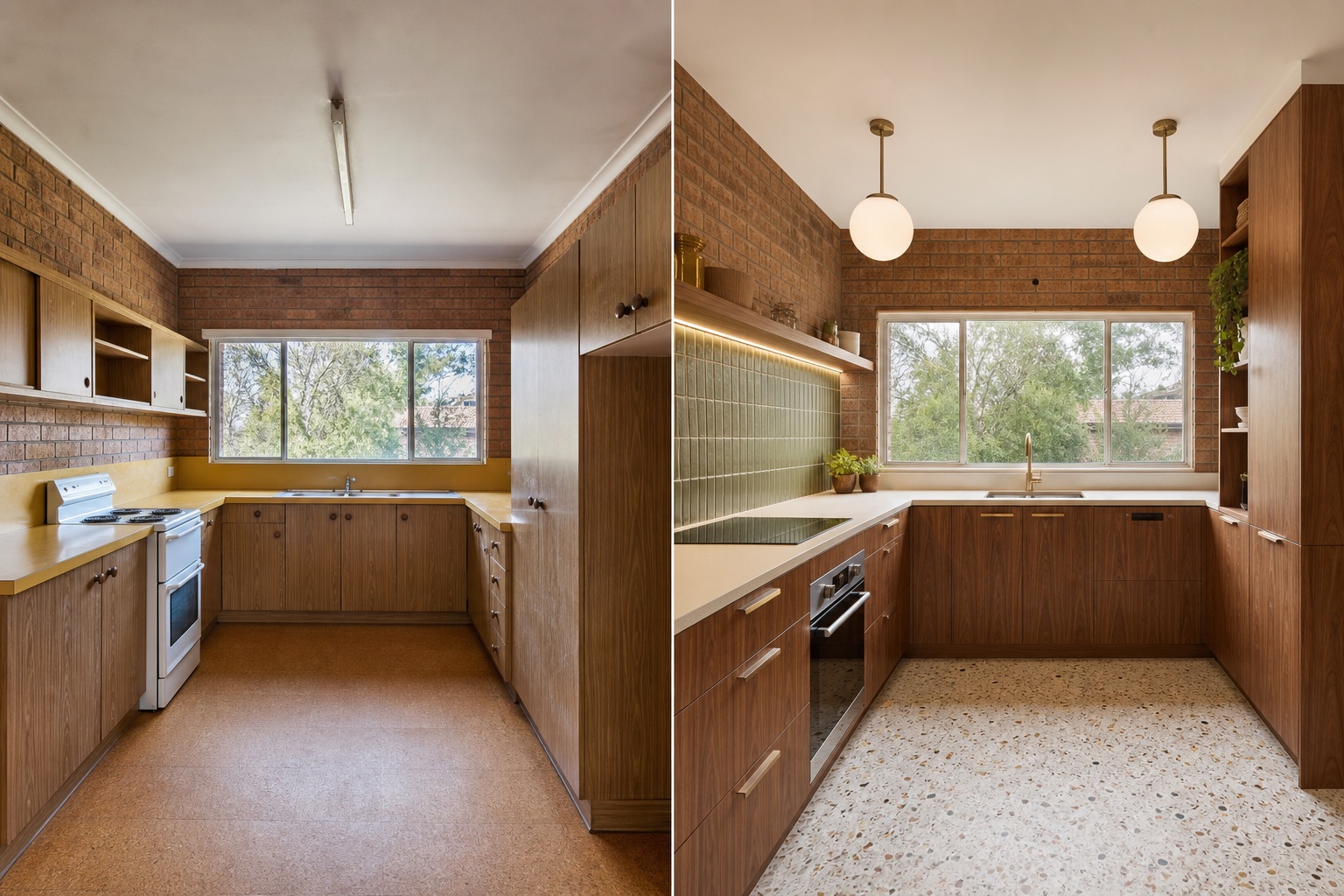 Before-and-after concept for a mid-century brick-home kitchen, changing worn brown cabinetry into walnut joinery with olive tile