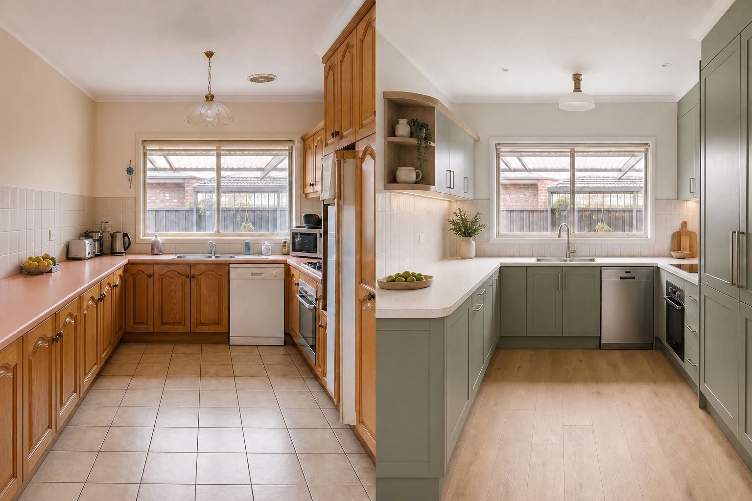 Before-and-after concept for a suburban family kitchen, changing honey oak cabinetry into eucalyptus-green joinery