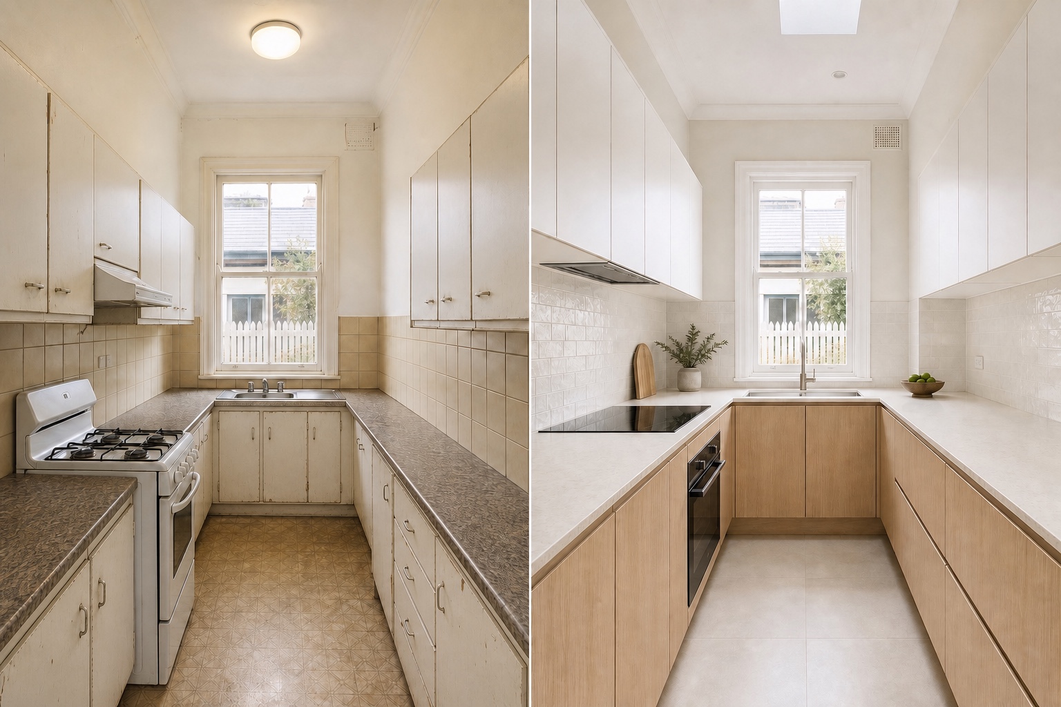 Before-and-after concept for a narrow terrace galley kitchen, changing dark cabinetry into pale oak and white joinery