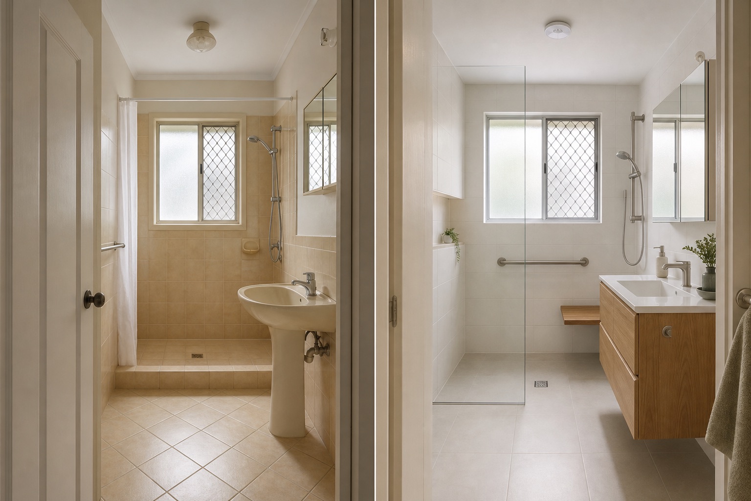 Before-and-after concept for an accessible ground-floor bathroom, replacing a raised shower hob and pedestal basin with a level shower and floating vanity