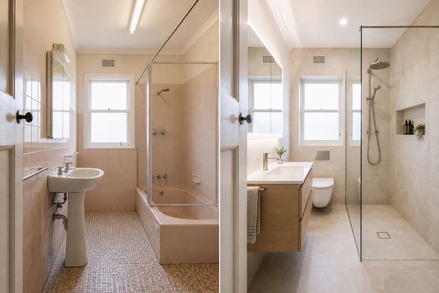 Before-and-after concept for a compact Art Deco apartment bathroom, changing pink-beige tile and a shower-over-bath into a calm travertine and oak bathroom