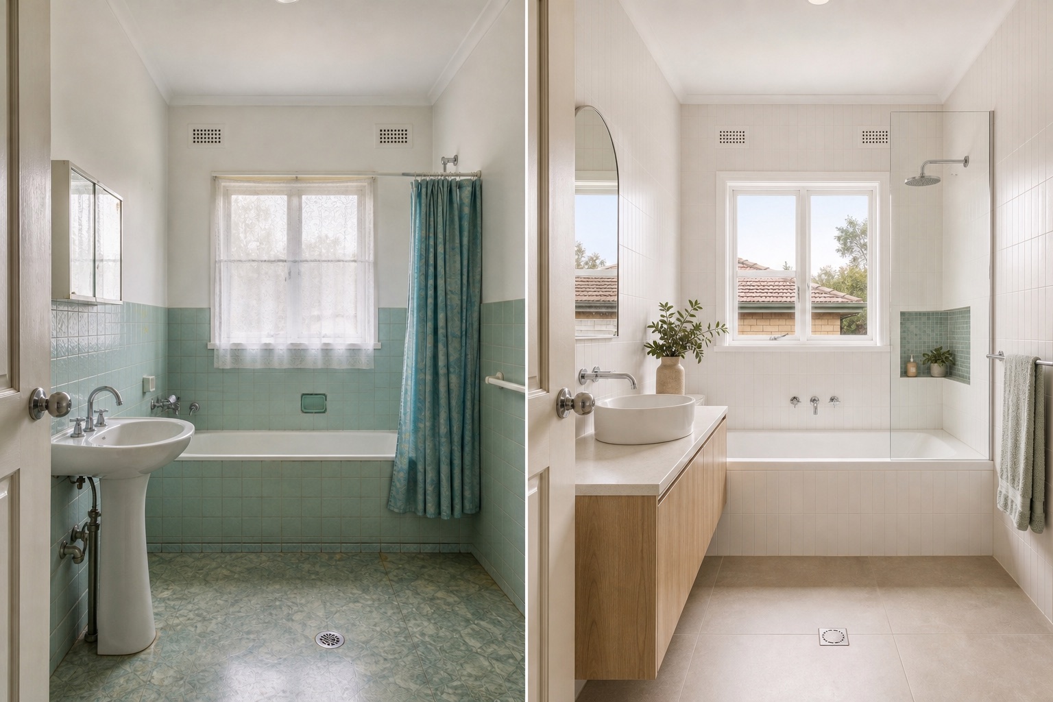 Before-and-after concept for a coastal cottage bathroom, replacing aqua tile and a shower curtain with warm white tile, oak and sea-glass mosaic