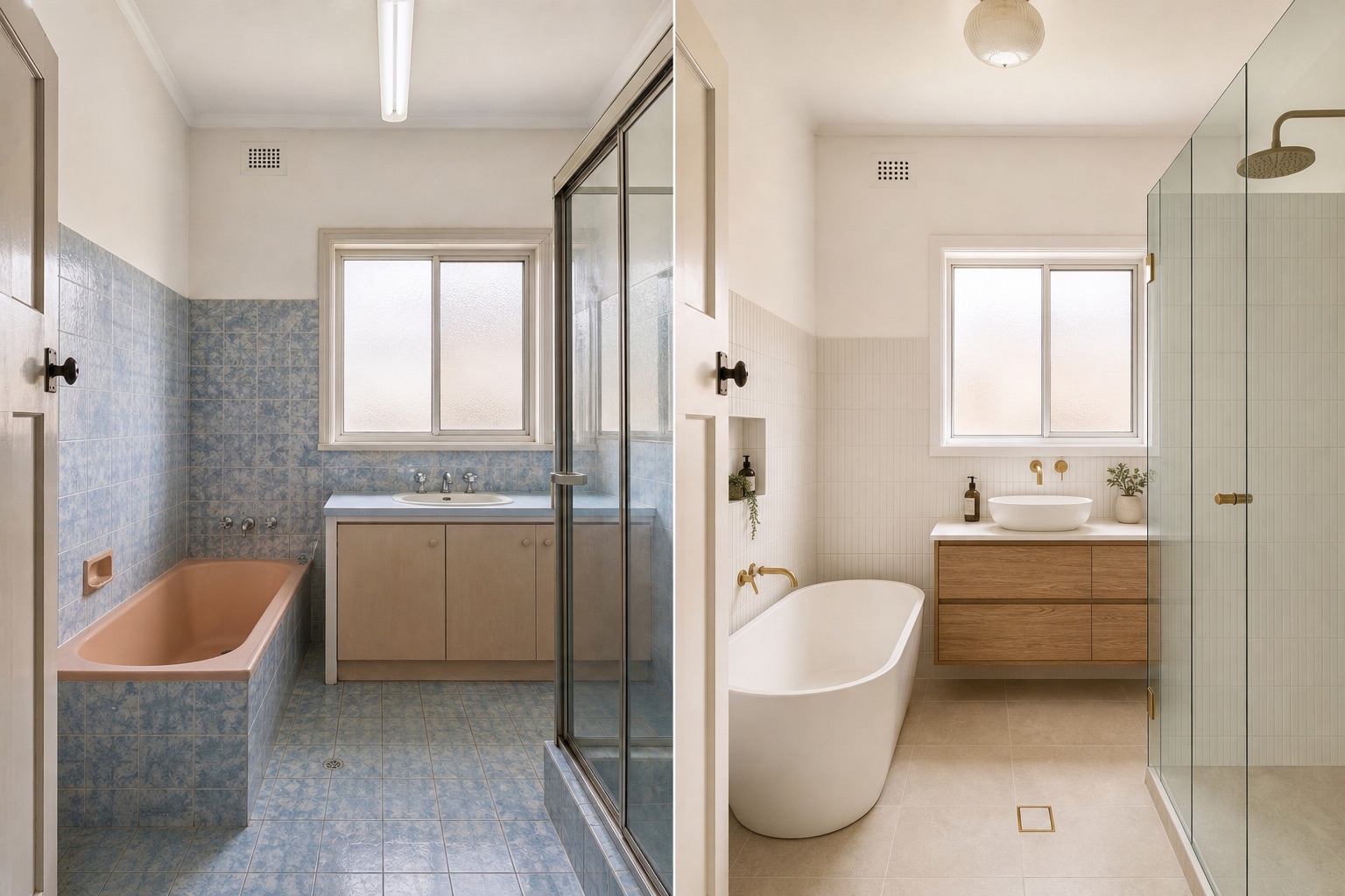 Before-and-after concept for a Federation family bathroom, replacing blue tile and an apricot bath with warm white tile, oak and aged brass