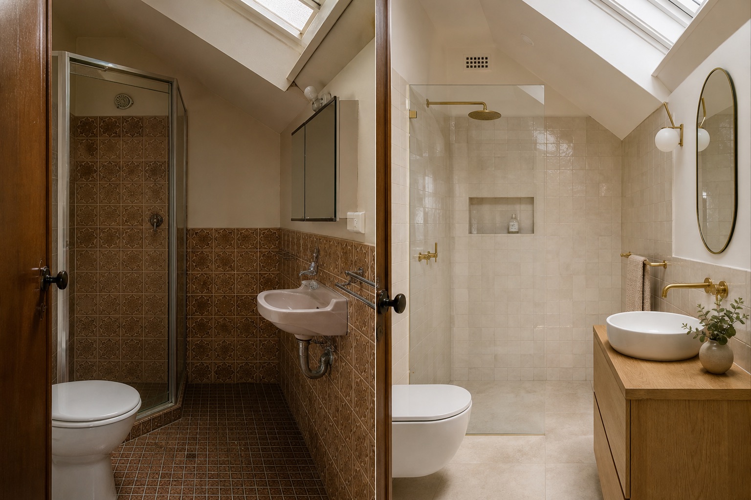 Before-and-after concept for a sloped-ceiling attic bathroom, replacing brown patterned tile with handmade cream tile and oak
