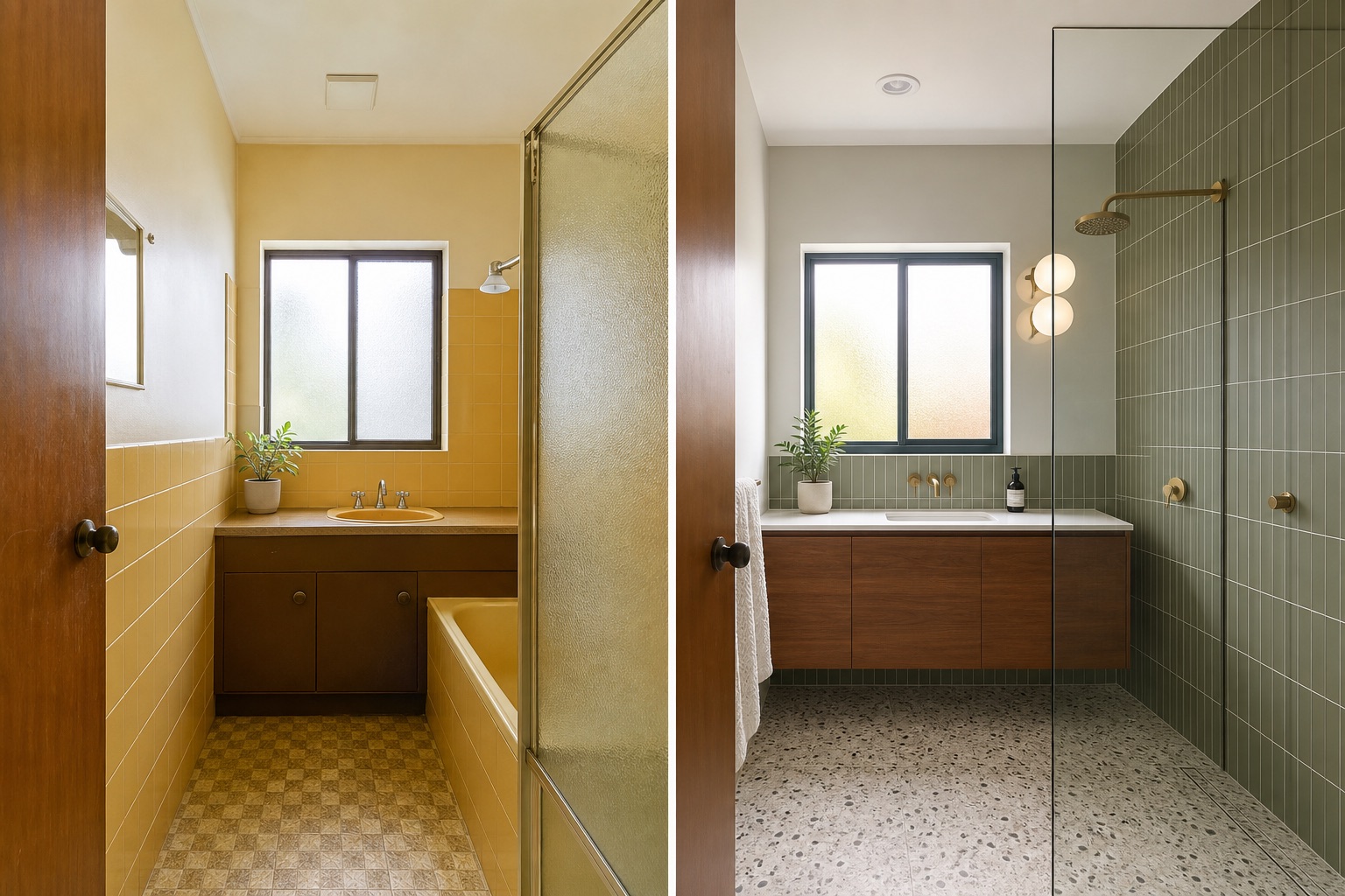 Before-and-after concept for a mid-century brick-home bathroom, changing mustard tile and brown joinery into olive tile, walnut and terrazzo