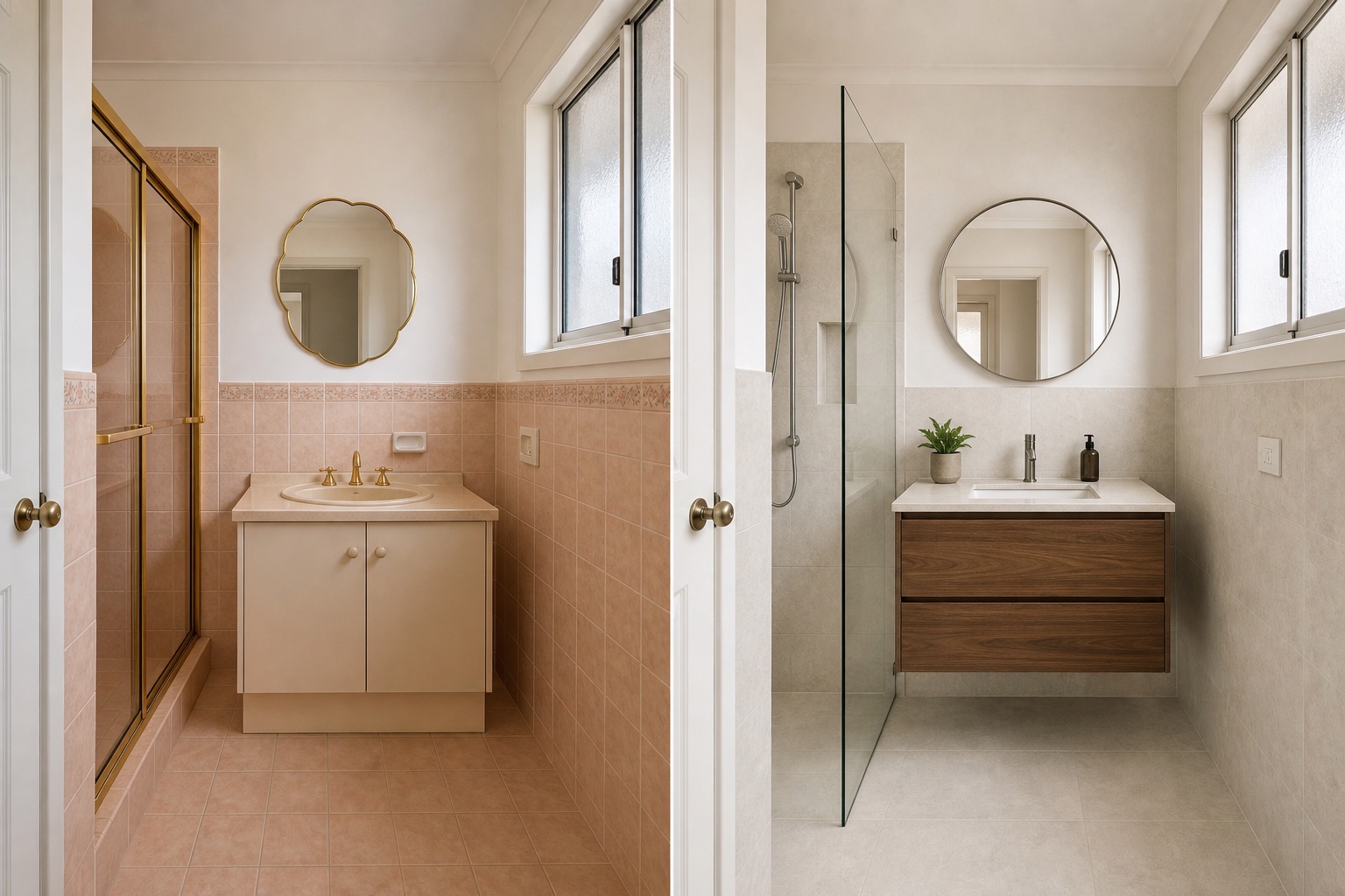 Before-and-after concept for a 1990s ensuite, changing peach tile and gold-framed shower glass into limestone tones and walnut