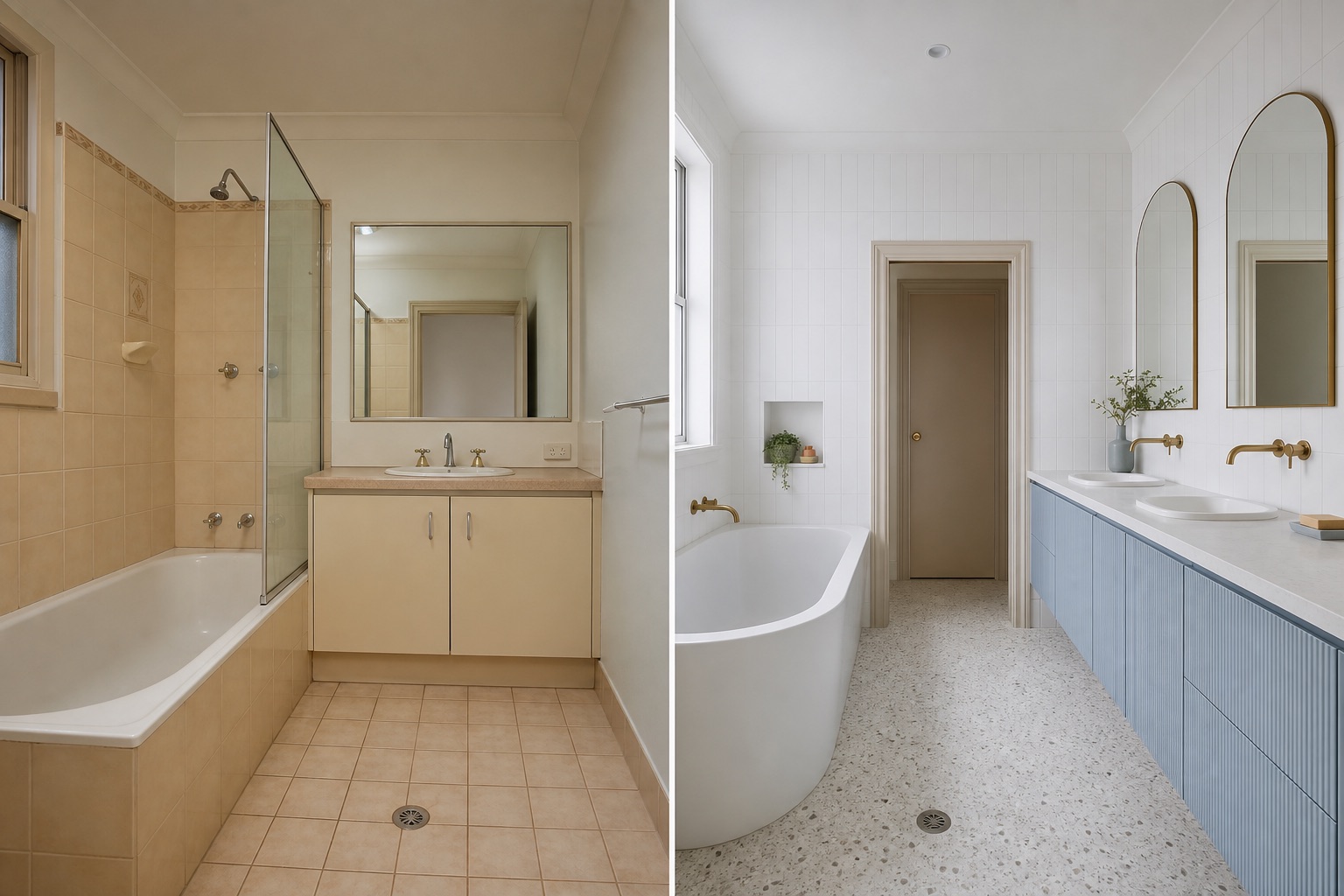 Before-and-after concept for a shared family bathroom, replacing a single vanity with a long blue double vanity and improved storage