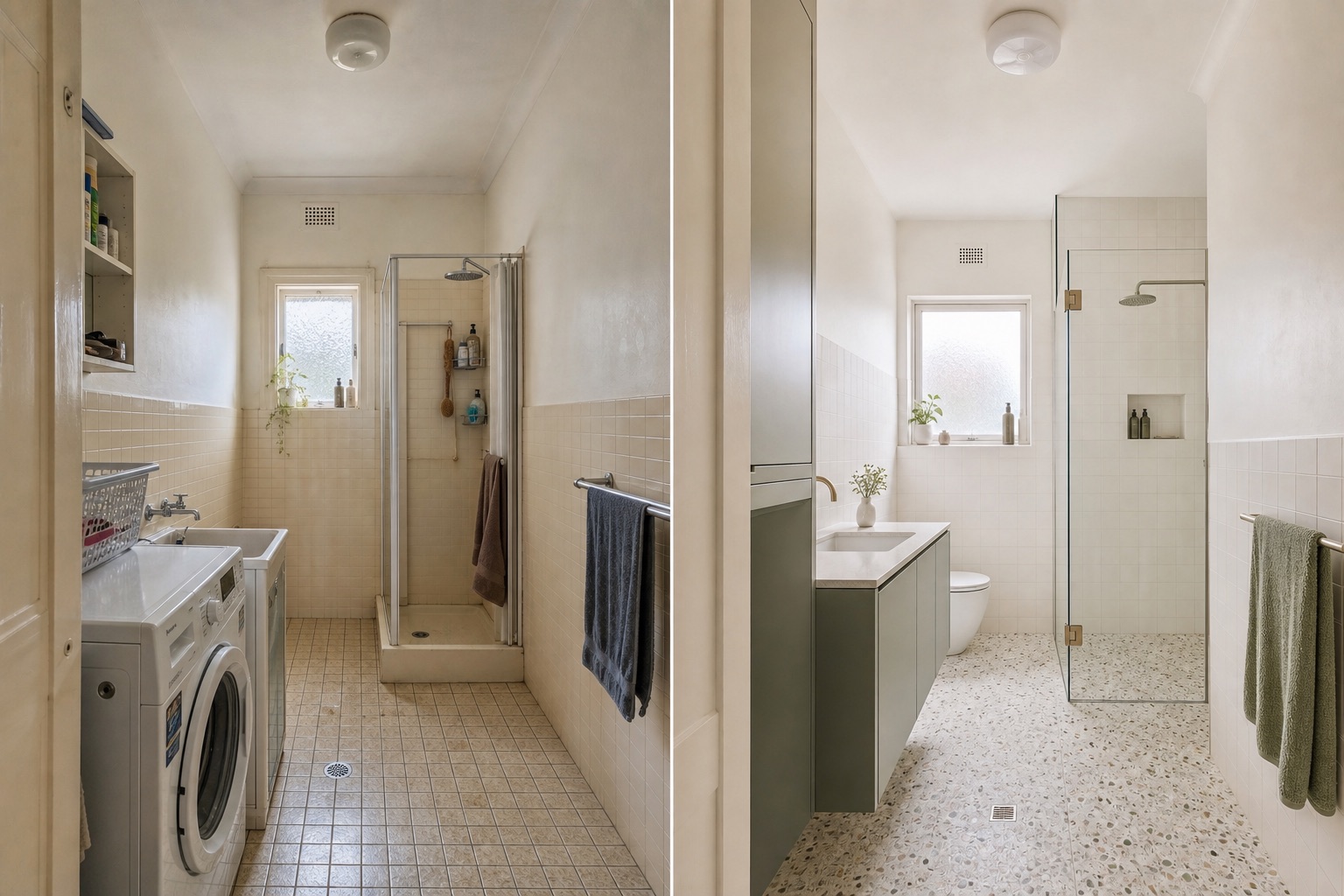 Before-and-after concept for a narrow terrace bathroom-laundry, concealing the laundry and adding sage joinery and terrazzo