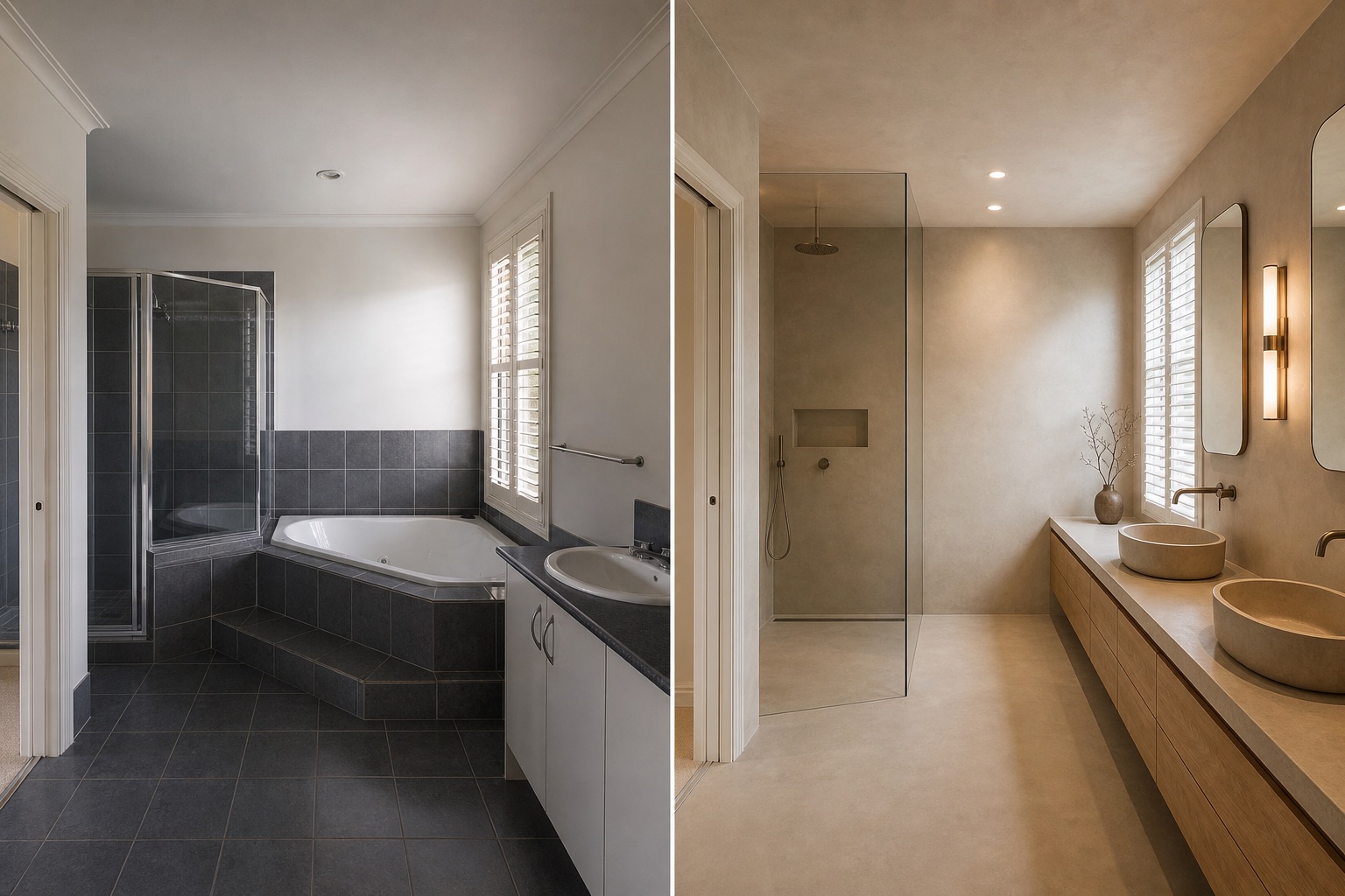 Before-and-after concept for a townhouse ensuite, changing dark builder-grade tile and a corner spa into clay-toned microcement and oak