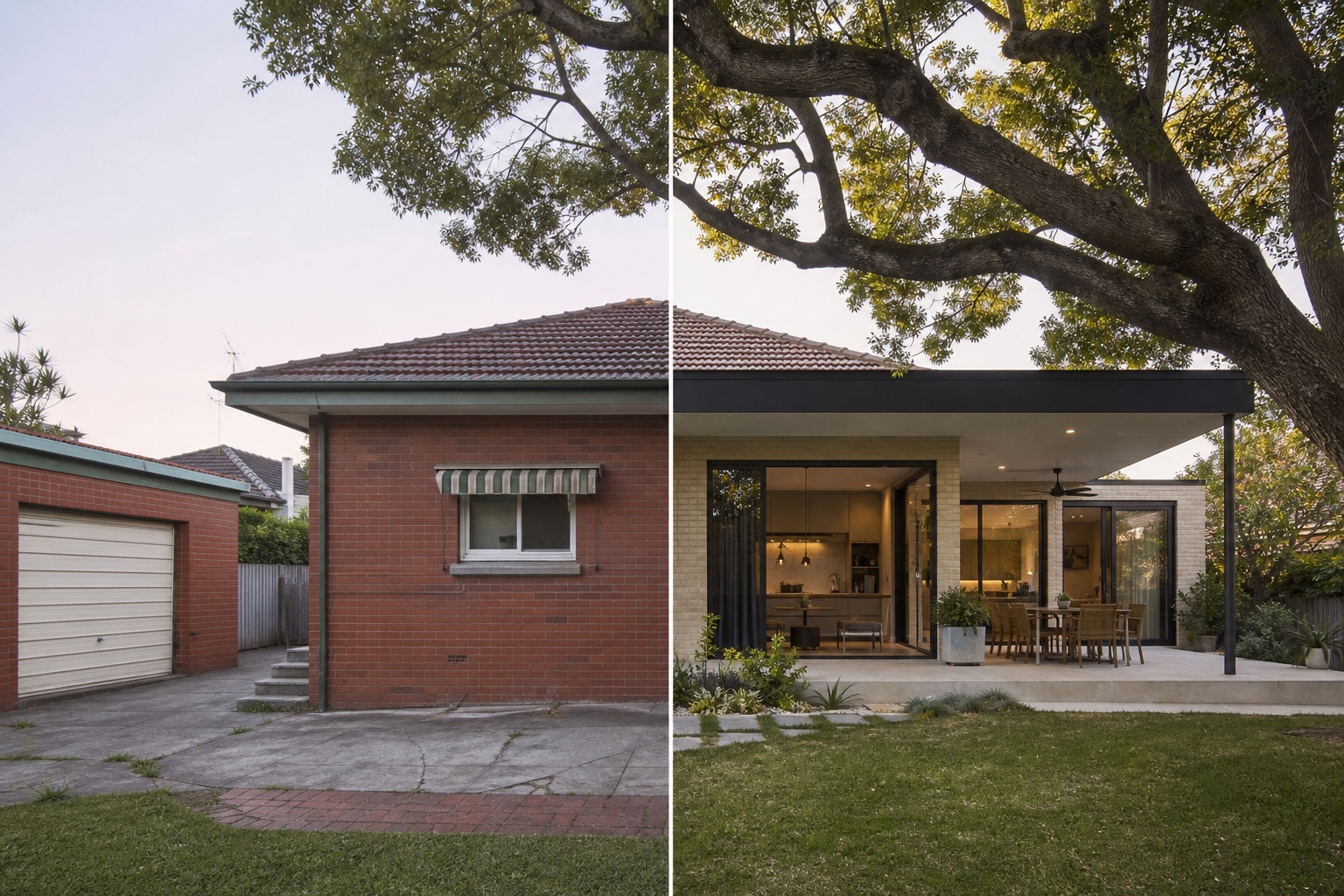 Before-and-after concept for a red-brick bungalow extension, replacing a flat rear wall and cracked patio with a pale-brick family wing and covered terrace