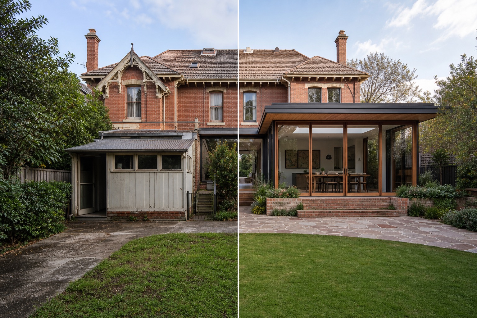 Before-and-after concept for a Federation rear extension, replacing a fibro lean-to with a low garden pavilion connected by glass