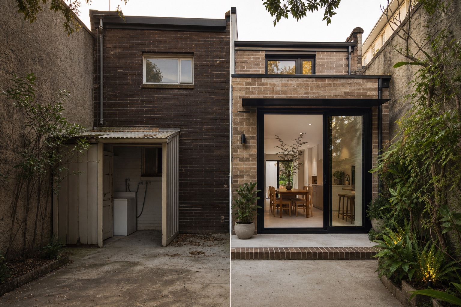 Before-and-after concept for a narrow terrace courtyard, replacing an outdoor laundry lean-to with a compact brick-and-glass extension