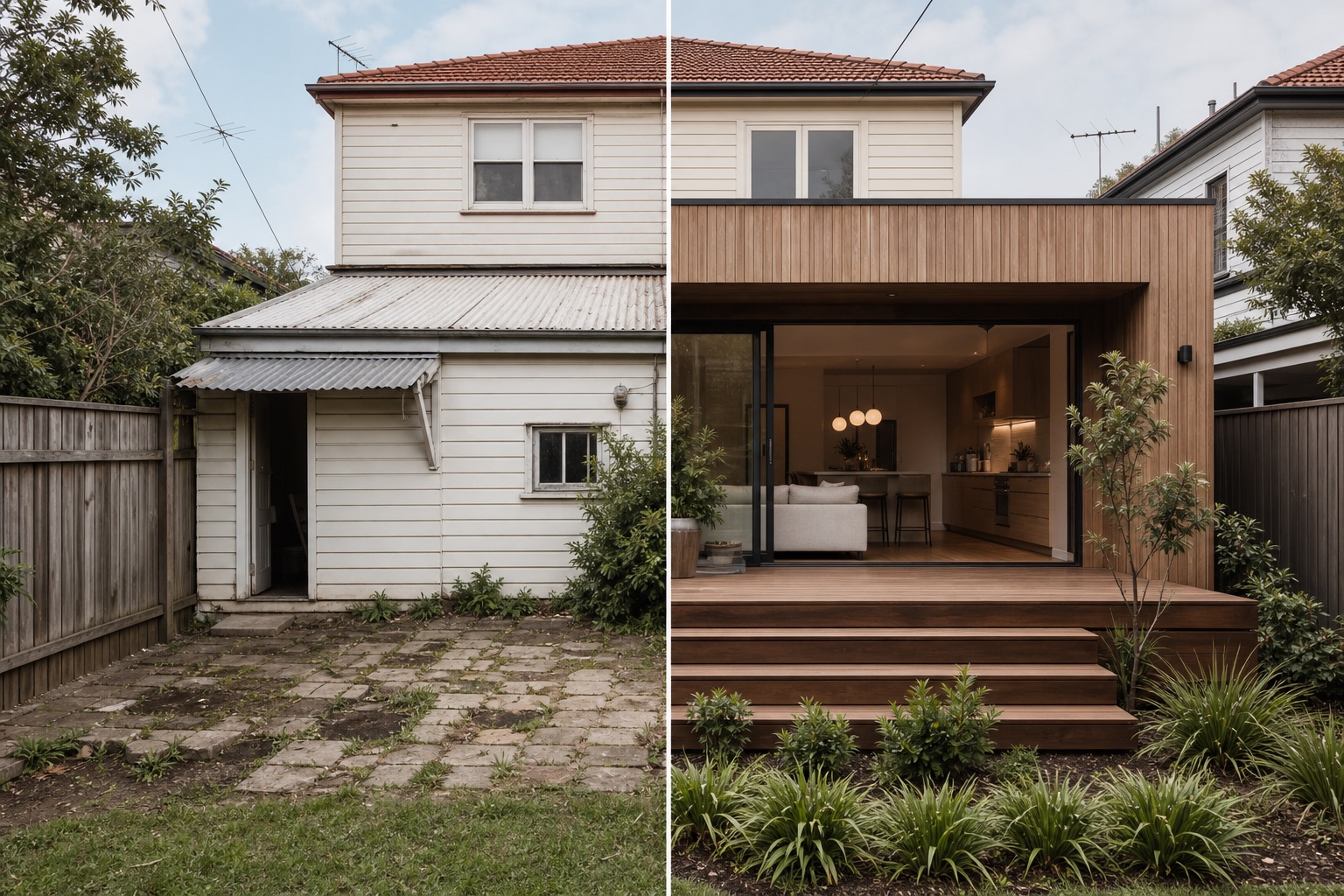 Timber-clad rear extension opening a weatherboard home to its garden