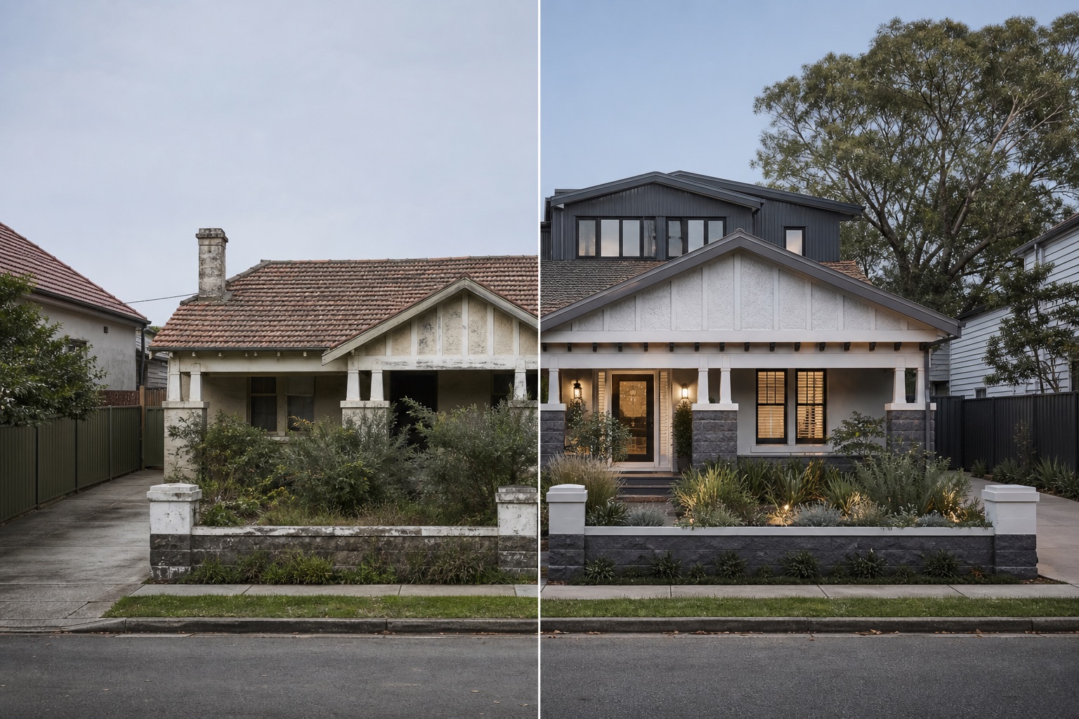 Before-and-after concept for a California bungalow, adding a setback dark-clad first floor while restoring the original facade and garden