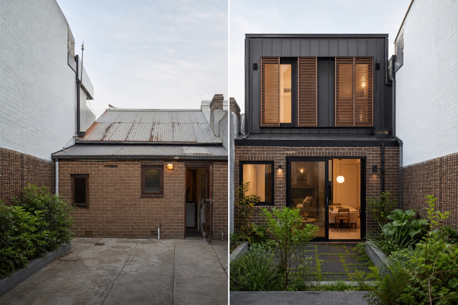 Before-and-after concept for a terrace rear wing, adding a dark metal first floor with timber privacy screens above an improved courtyard