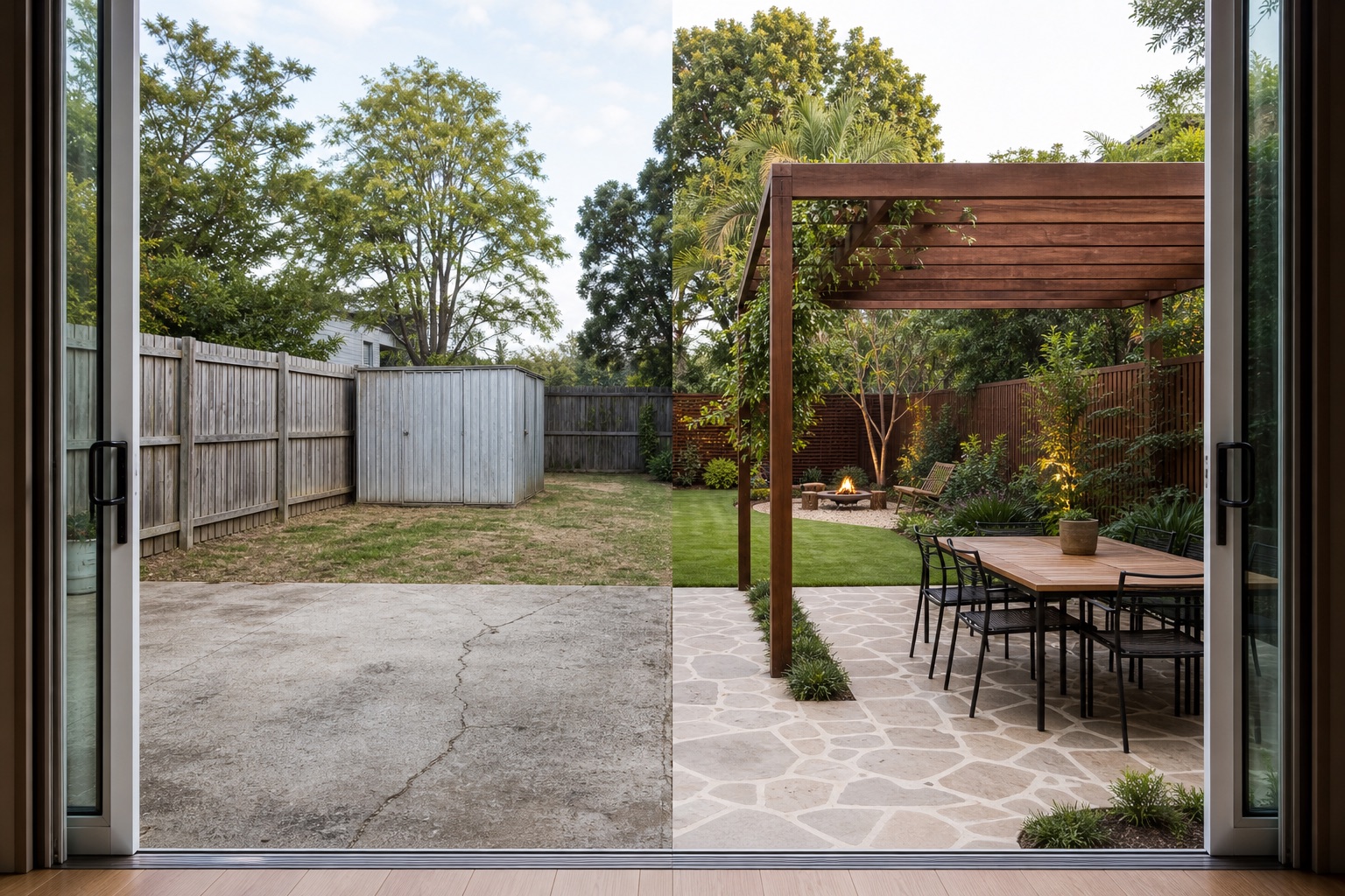 Family garden with a timber pergola, stone terrace and layered planting