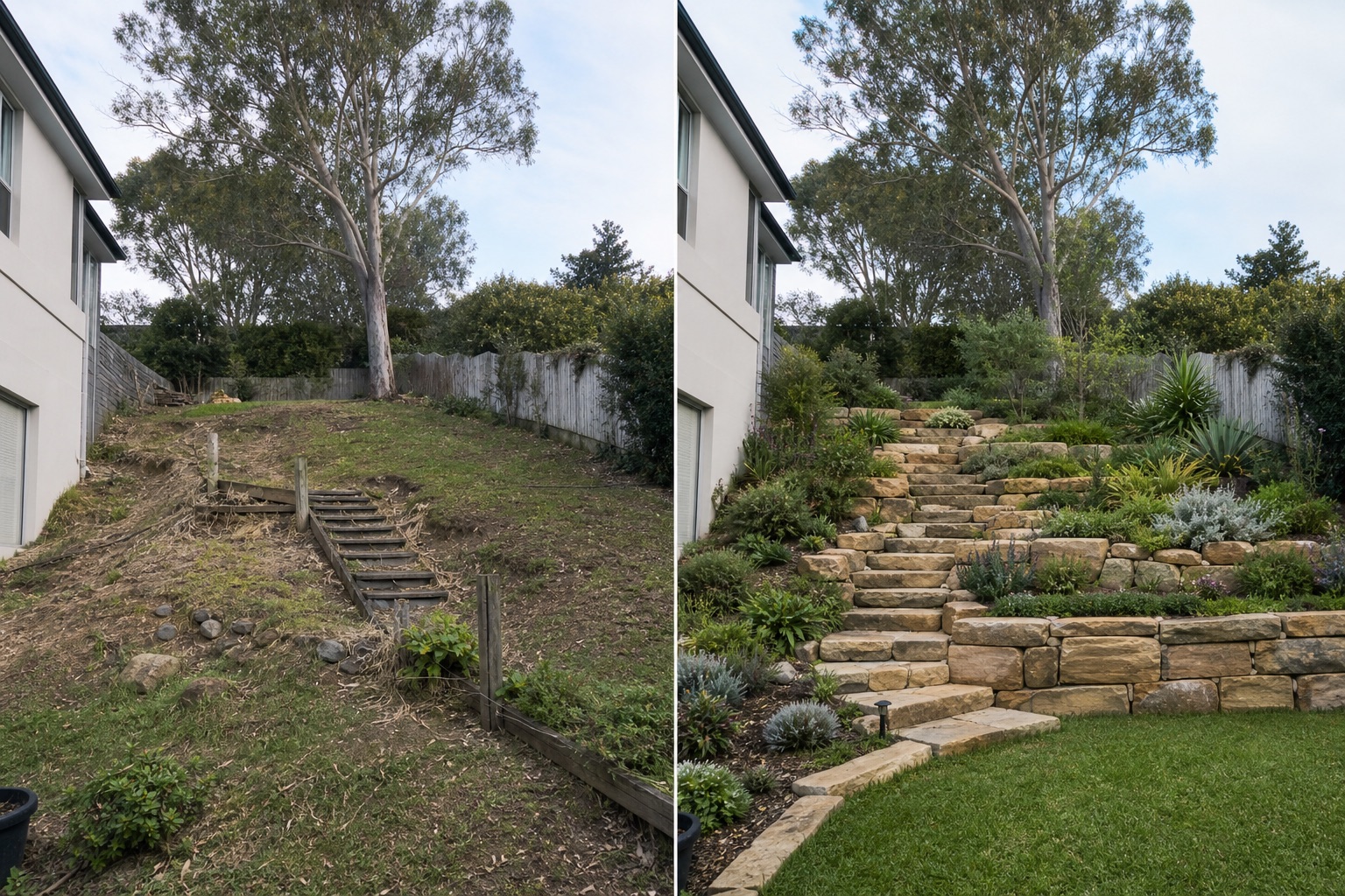 Before-and-after concept for a steep backyard, replacing an eroded slope and unsafe steps with sandstone terraces and native planting