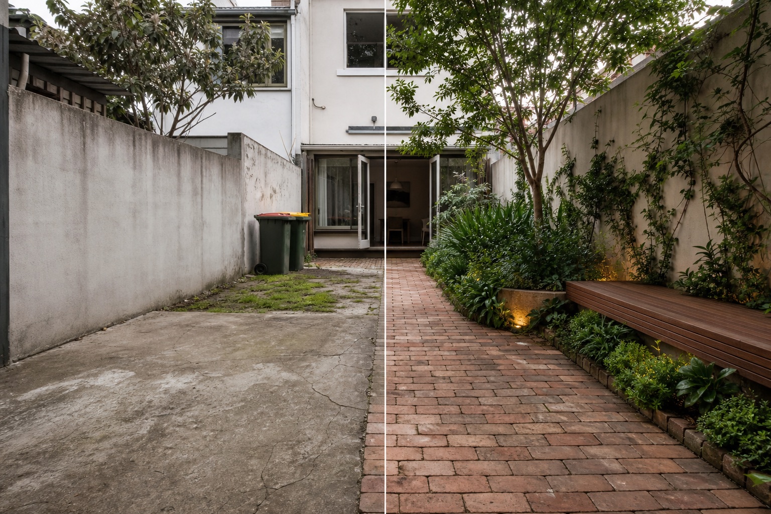 Before-and-after concept for a tiny terrace courtyard, replacing cracked concrete and exposed bins with brick paving, layered planting and a bench