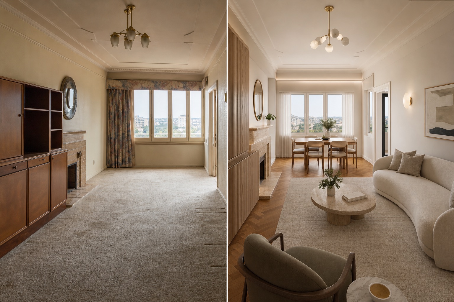 Before-and-after concept for an Art Deco apartment lounge, replacing worn carpet and freestanding storage with parquet and fluted joinery
