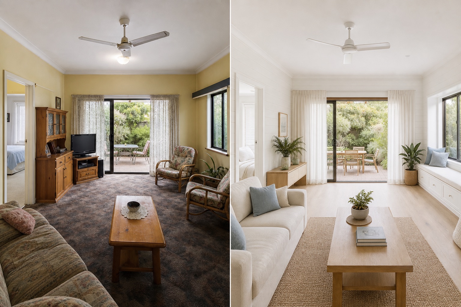 Before-and-after concept for a coastal cottage living room, replacing yellow walls, dark carpet and pine furniture with light oak and warm white finishes