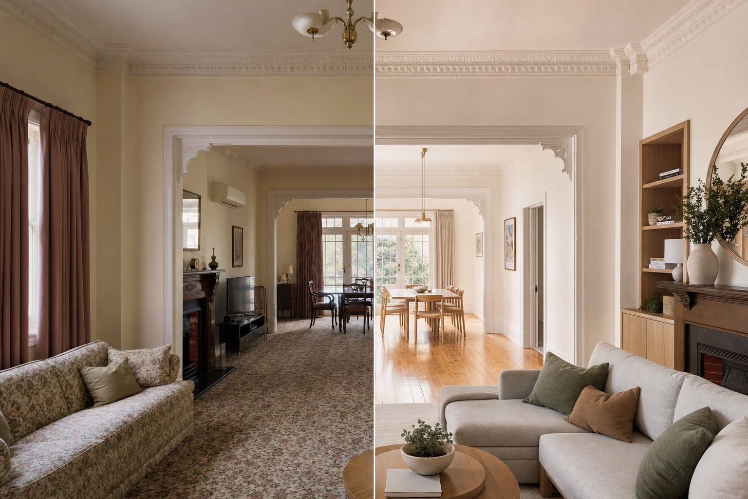 Light-filled Federation living and dining rooms after a considered whole-home renovation