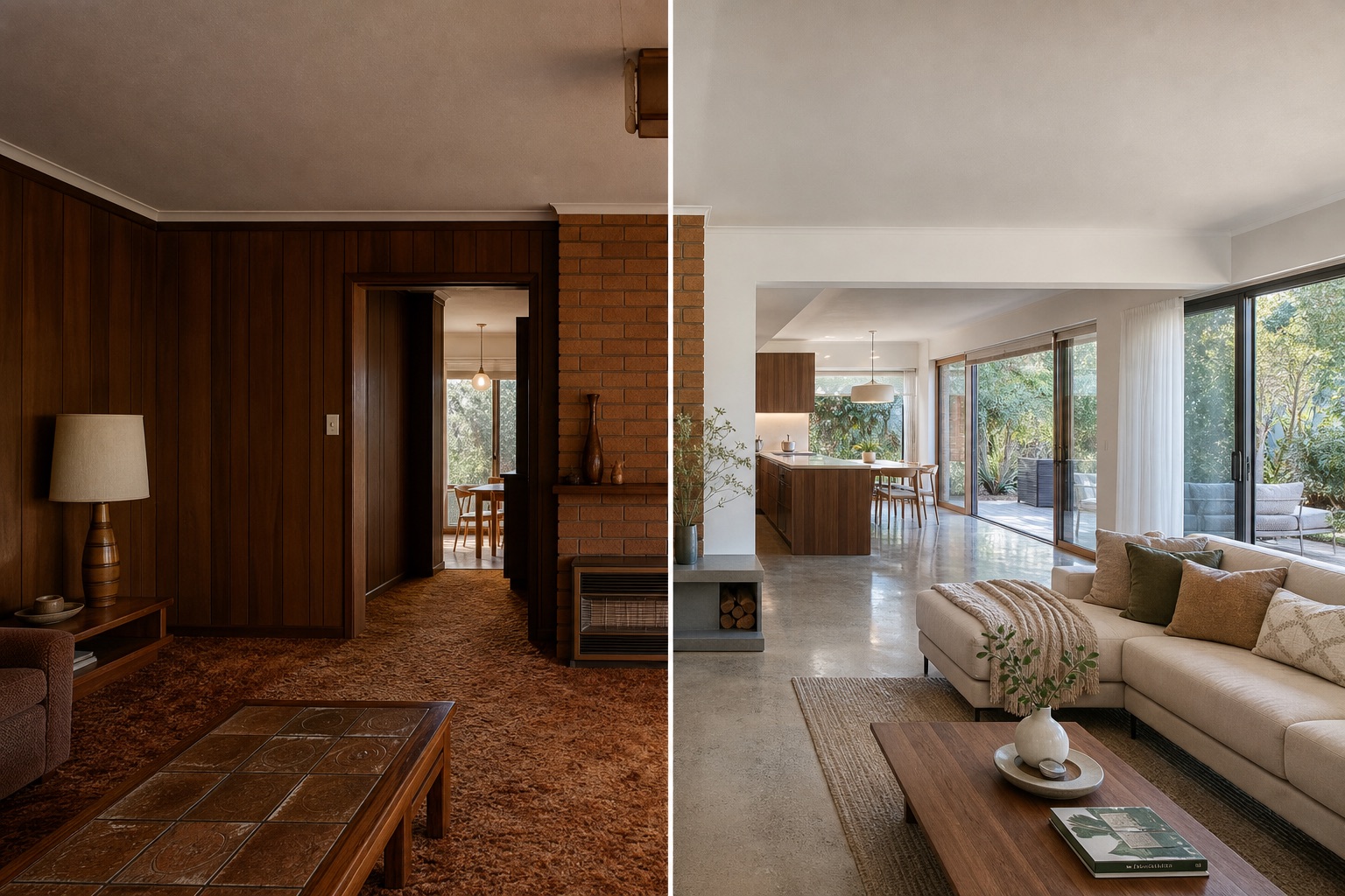 Before-and-after concept for a 1960s bungalow, changing dark timber panelling and carpet into an open walnut and polished-concrete living space
