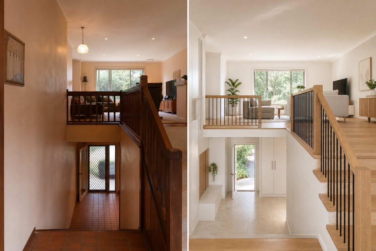 Before-and-after concept for a 1980s split-level entry, replacing dark timber and terracotta with oak, pale stone and integrated storage