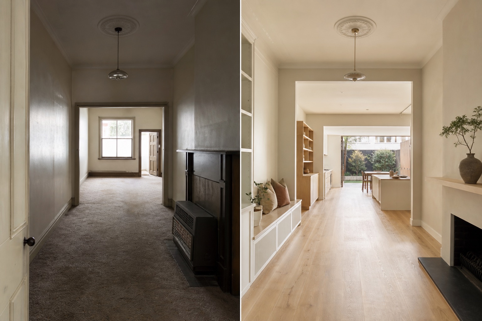Before-and-after concept for a narrow terrace ground floor, opening a dark corridor into a bright connected kitchen, living area and courtyard