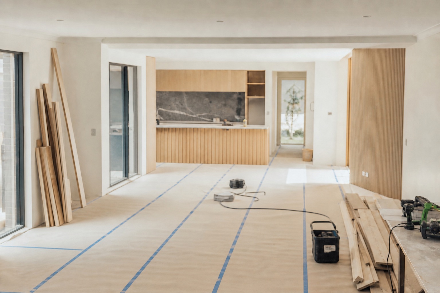 Bright, carefully organised residential renovation site with protected floors and staged materials
